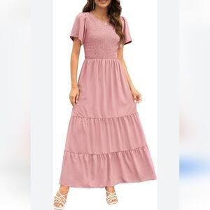 Kranda Women's Round Neck Short Flutter Sleeve Smocked Ruffle Floral maxi dress